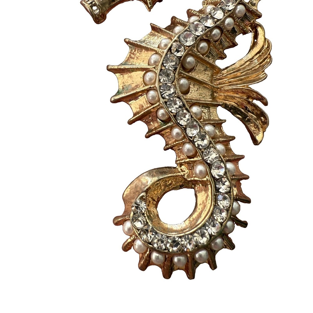 Vintage Seahorse Pendant Gold Hattie Carnegie Pearl Beads Blue Rhinestone MCM - Picture 4 of 9